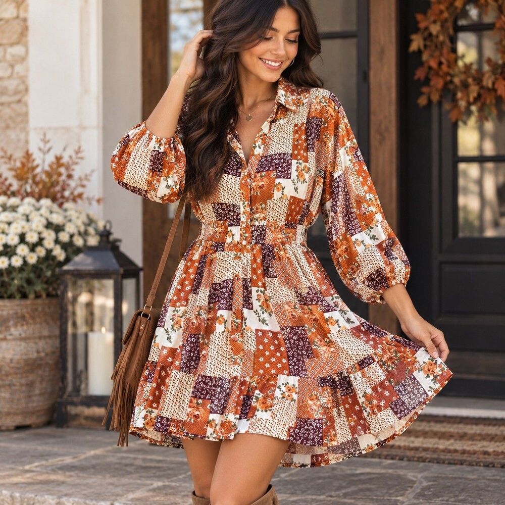 Mod Boutique Printed Collared Neck Three-Quarter Sleeve MiniDress Sz M/L Romance